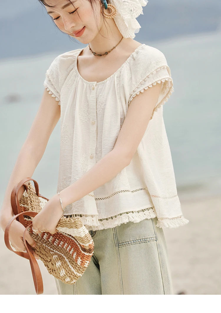 MISHOW Embroidered French Shirt Round Neck Short Sleeve MXE33X1744