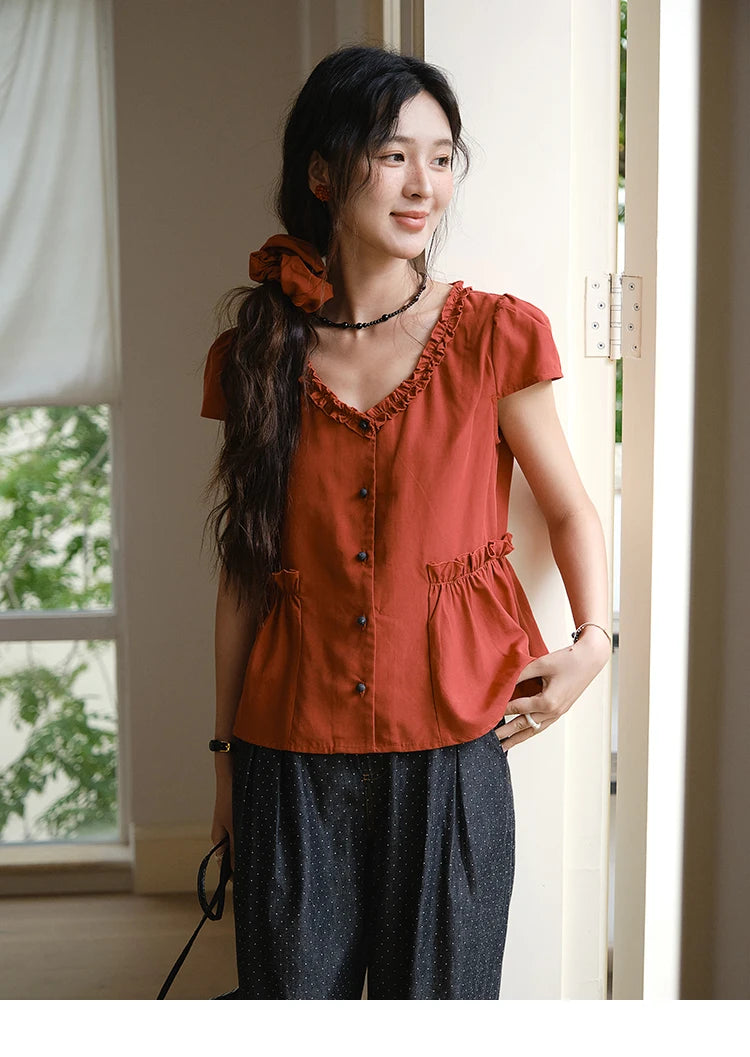 MISHOW Mushroom Edge V-Neck Blouse Button Short Sleeve MXE38X1867