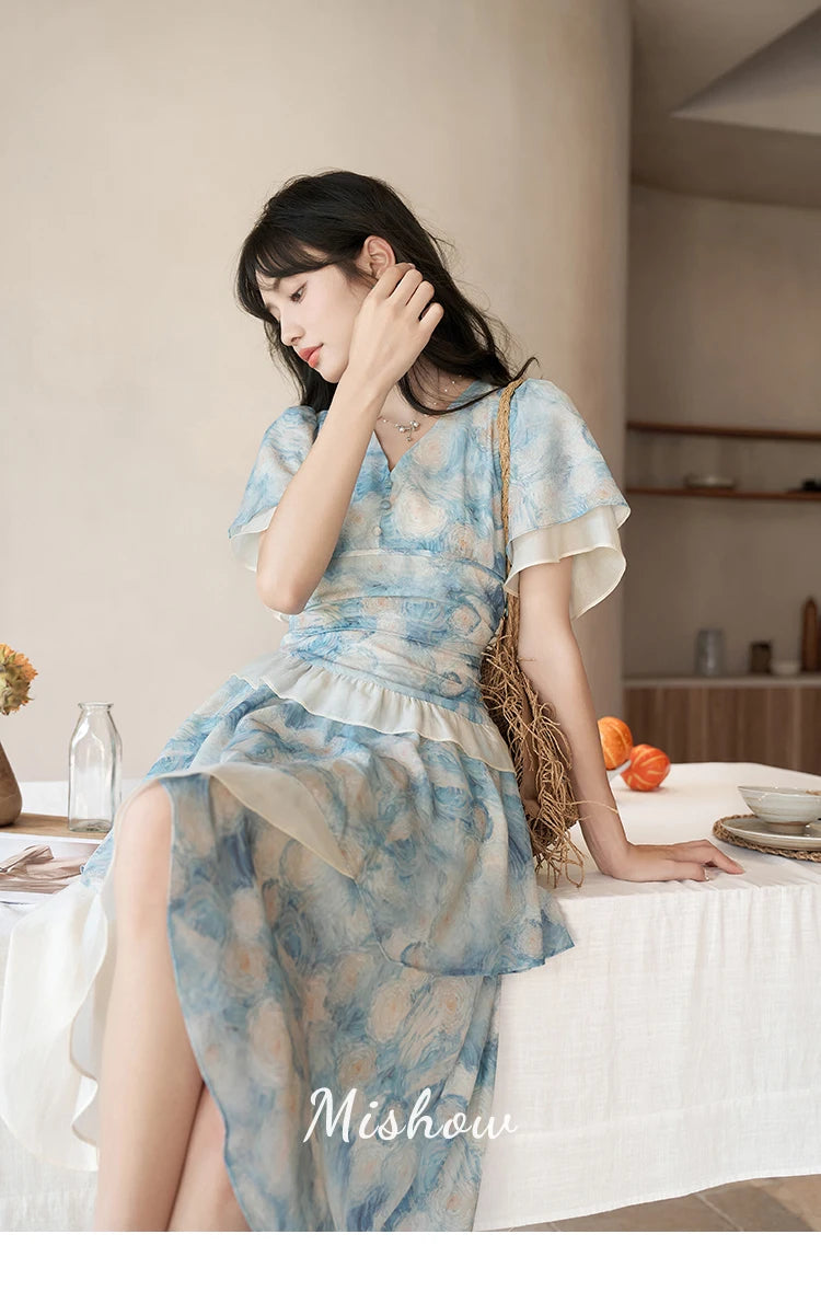 Mishow Van Gogh Double Layer Sleeve Asymmetrical Dress MXC39L1527