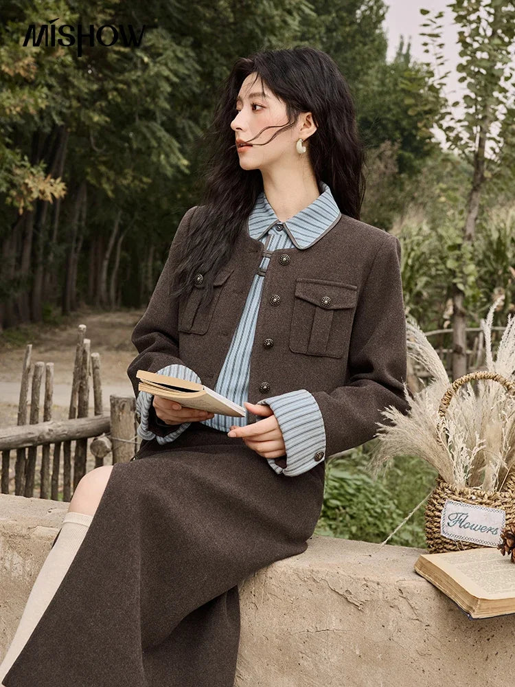 Mishow Plaid Tweed O-Neck Jacket & Front Slit Long Skirt Set MXD43W0445