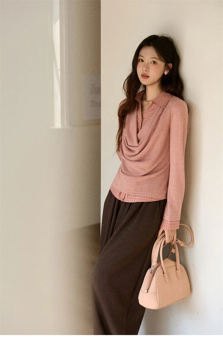 Mishow Pink Faux Two-Piece Plaid Draped Collar Pullover MXE87Z2747