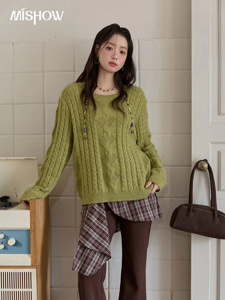 Mishow Green Retro Twisted Rope Hollow Pullover MXE49Z2520
