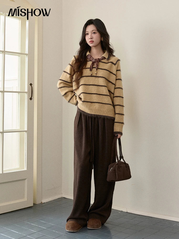 Mishow Faux Mink Fur Striped Lapel Tassel Sweater MXE93Z2945