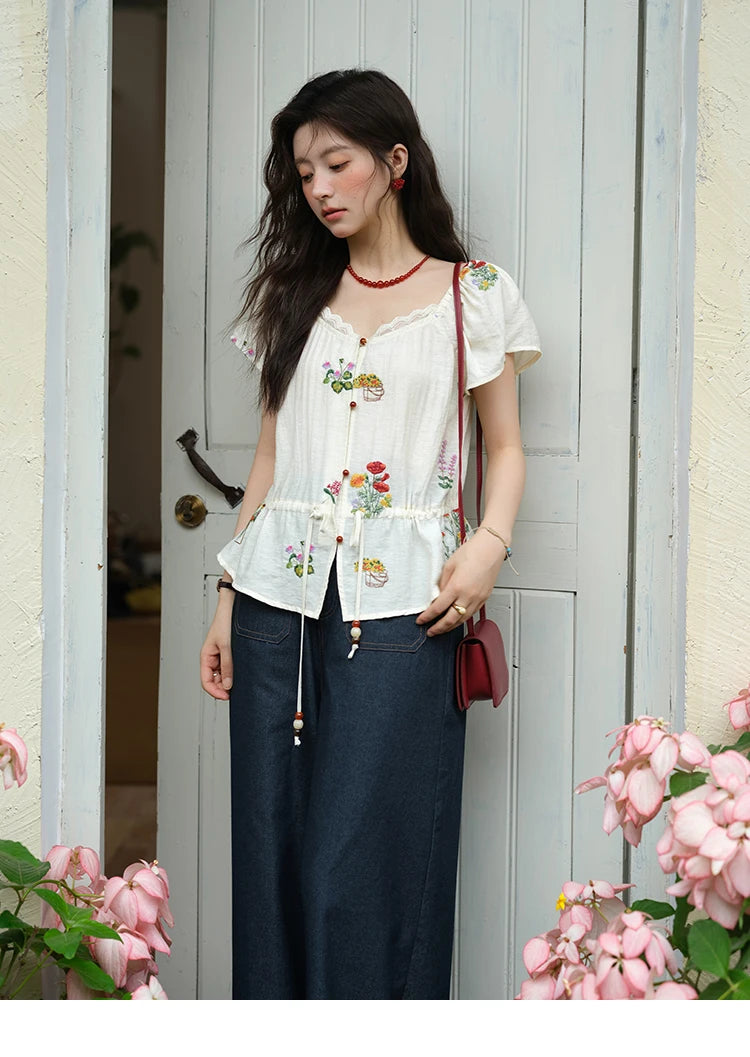 MISHOW Flower Embroidery Square Neck Lace Blouse MXE37X1895