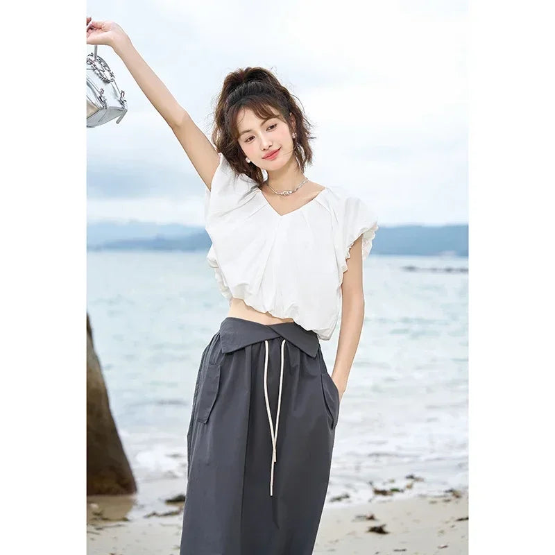 MISHOW French Rear Collar Tie Blouse V-Neck Puff Sleeve MXC38X1275