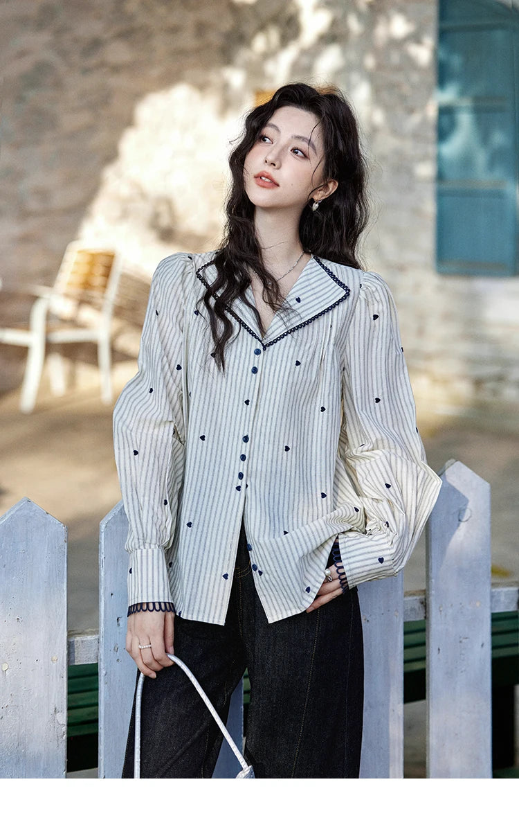 MISHOW Striped Bubble Sleeve Shirt Love Embroidered MXE12C0390