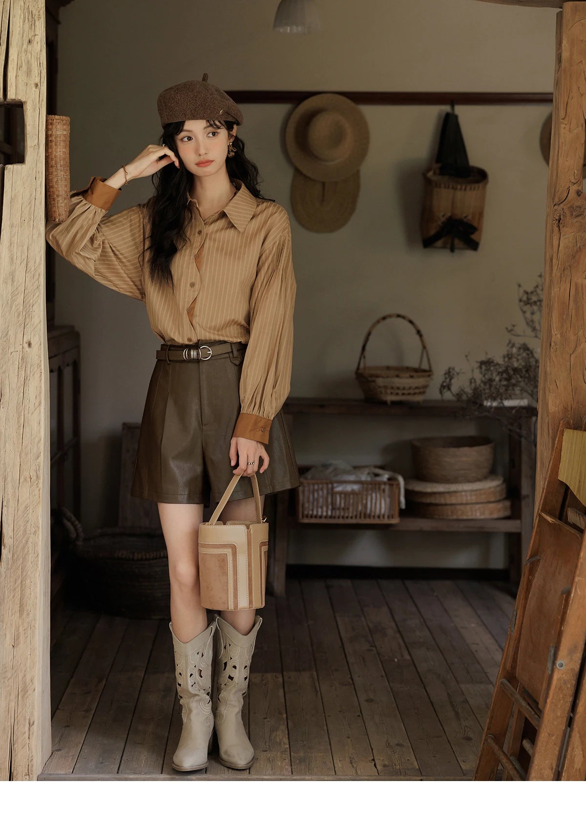 MISHOW Women's Striped Casual Shirt Retro Lapel Contrasting Cuffs MXD42C0301