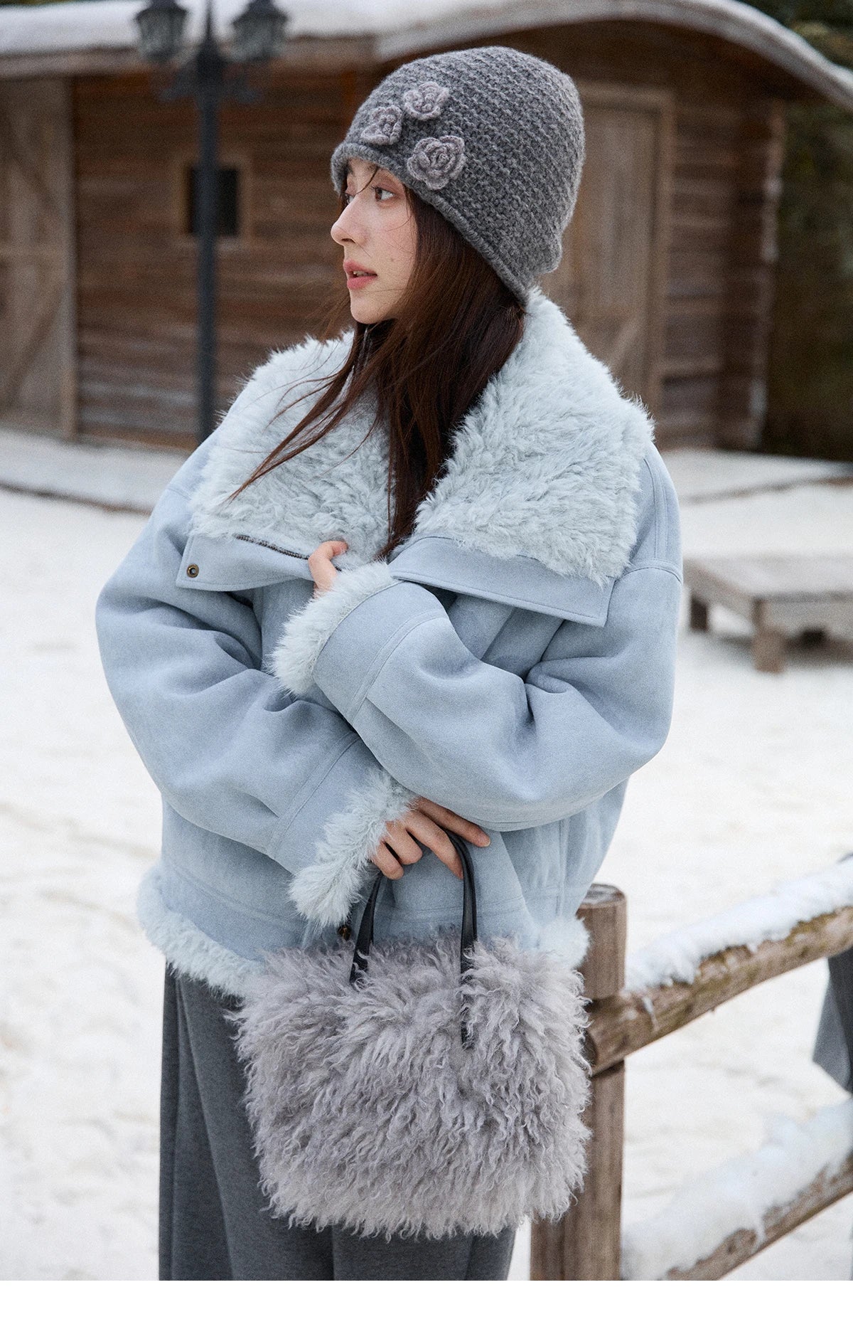 MISHOW Blue Plush Jacket Turn-Down Collar Zip-Up Loose MXE87W0917