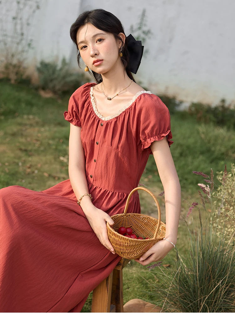 Mishow French Puff Sleeve Lace Neck Long Dress MXE35L2297