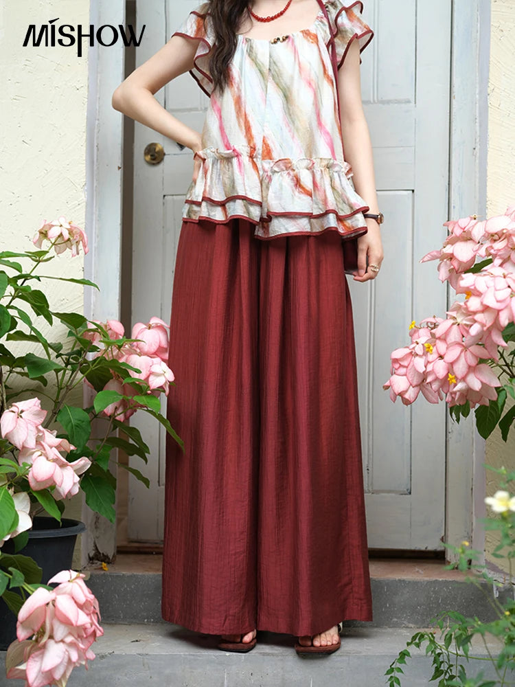 MISHOW Red Wide Leg Pants High Waist Pocket Elastic MXE38K0952