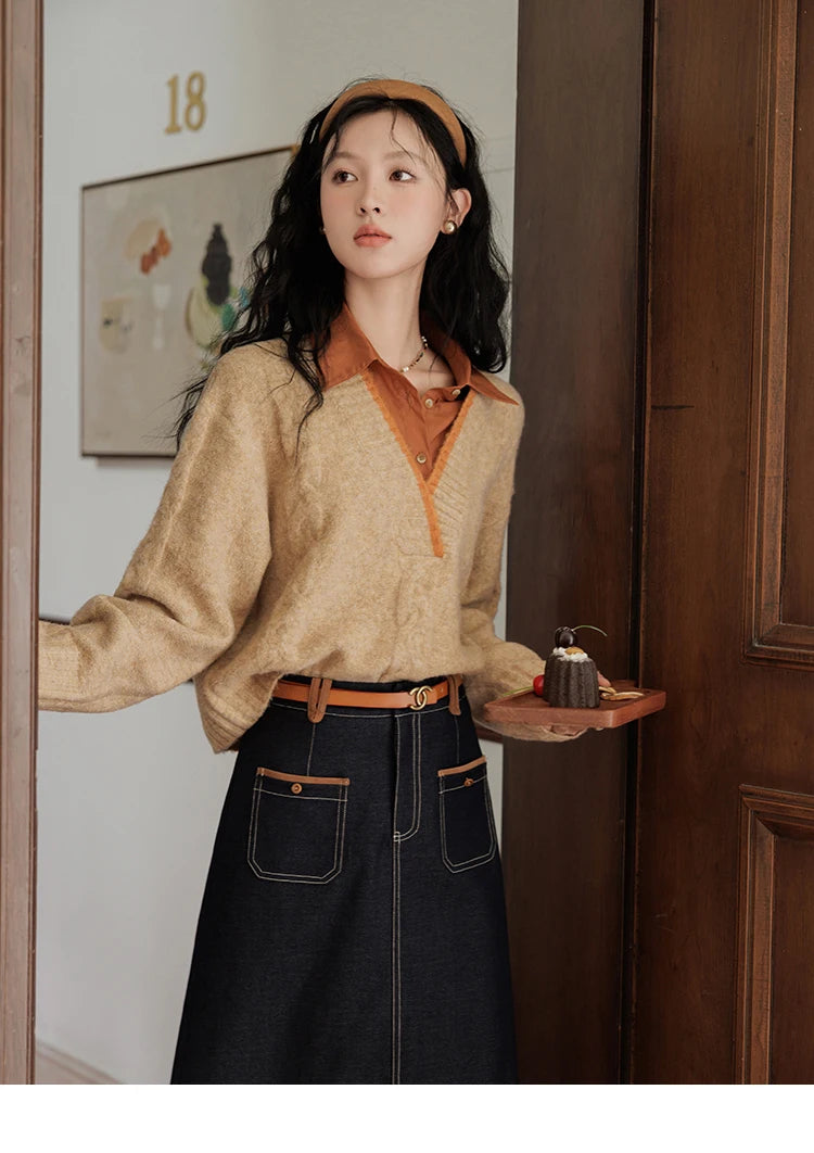 Mishow Vintage False Two-Piece V-Neck Knit Top MXD42Z0695