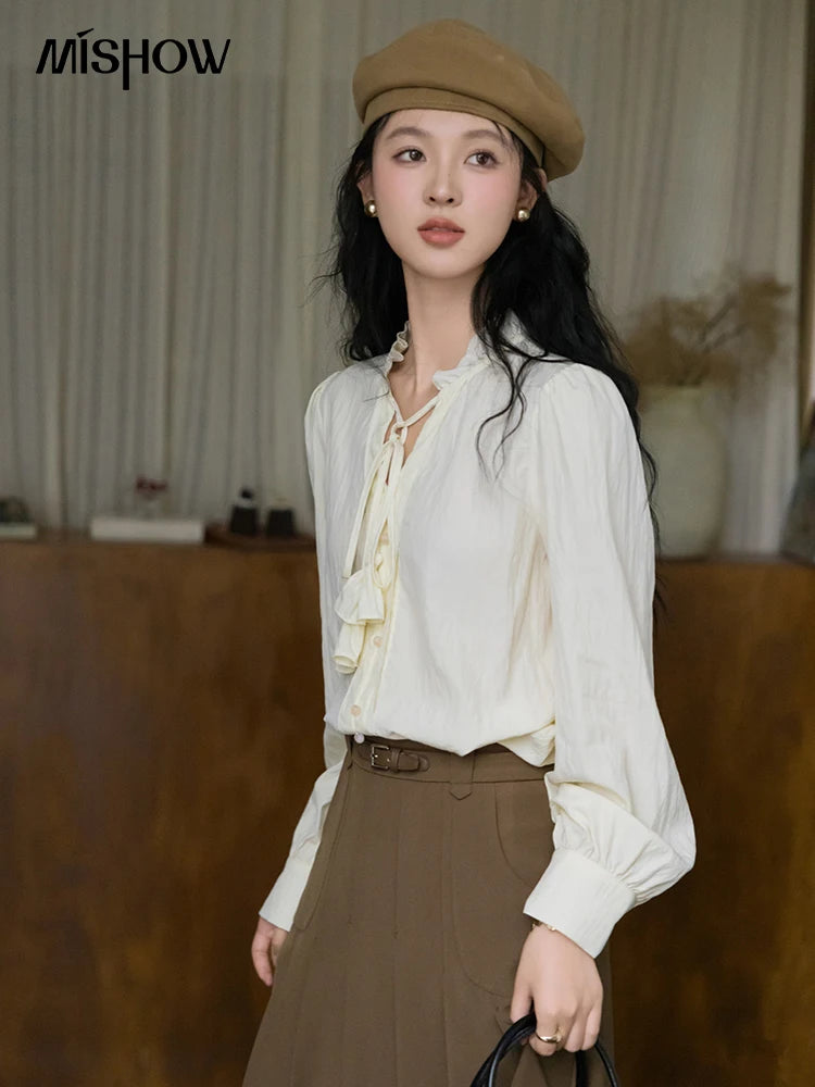 MISHOW Flower Bud Tie Lyocell Shirt V-Neck Long Sleeve MXD42X1640