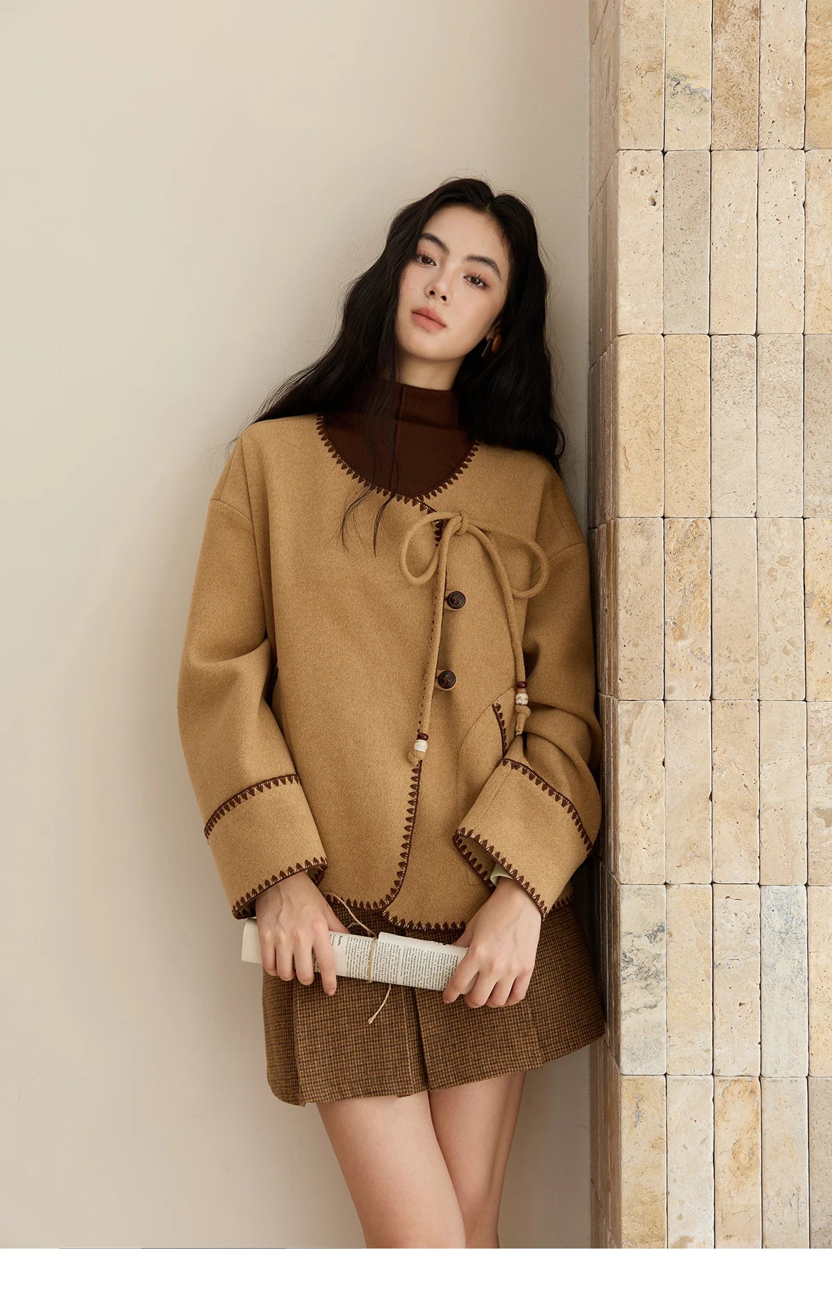 MISHOW Khaki Asymmetrical Coat Shell Flower Embroidery Lace-Up MXE49W0854