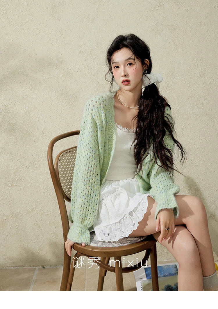 Mishow Green Hollow Out Wave Neck Cardigan MXE12Z1212