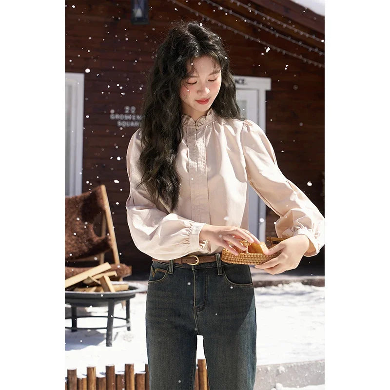 MISHOW Button Up Lantern Sleeve Shirt Ruffle Neck MXC56X1320