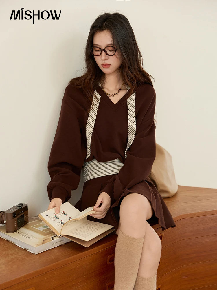 Mishow Retro Brown V-Neck Sweatshirt & Pleated Skirt Suit MXE47T1415
