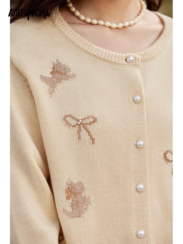 Mishow Yellow Dog Bow Jacquard Pearl Button Sweater MXE13Z1197