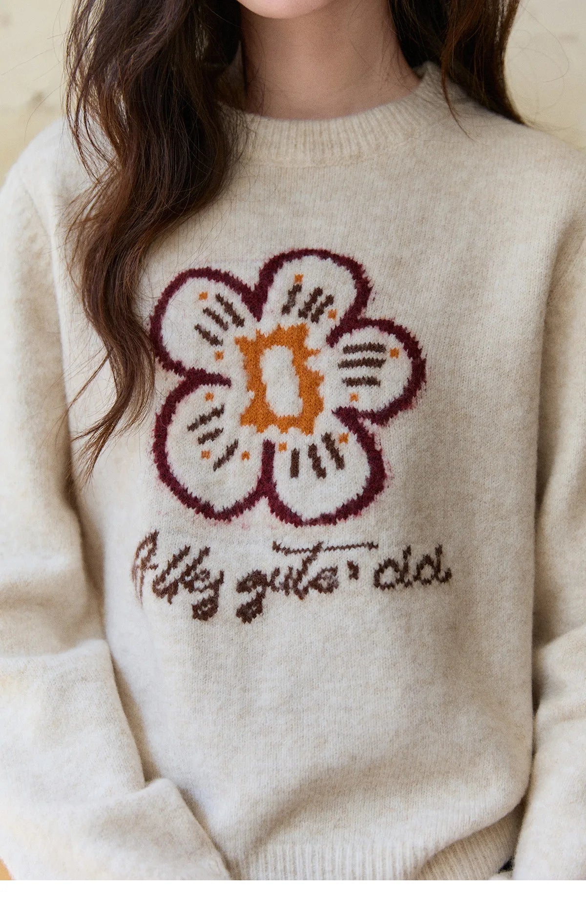 Mishow Beige Flower Pattern Letter Print Pullover MXE91Z2869