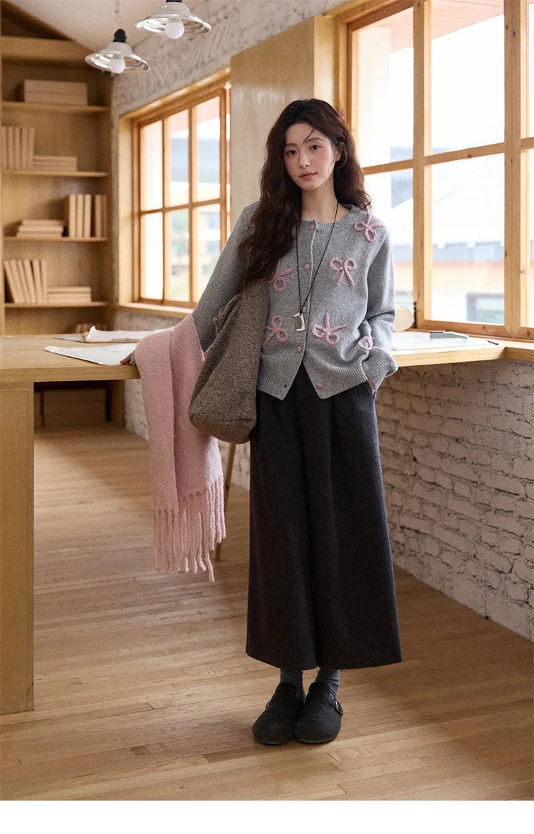 MISHOW Gray Wool Wide-Leg Pants High-Waisted Cropped MXE90K1128