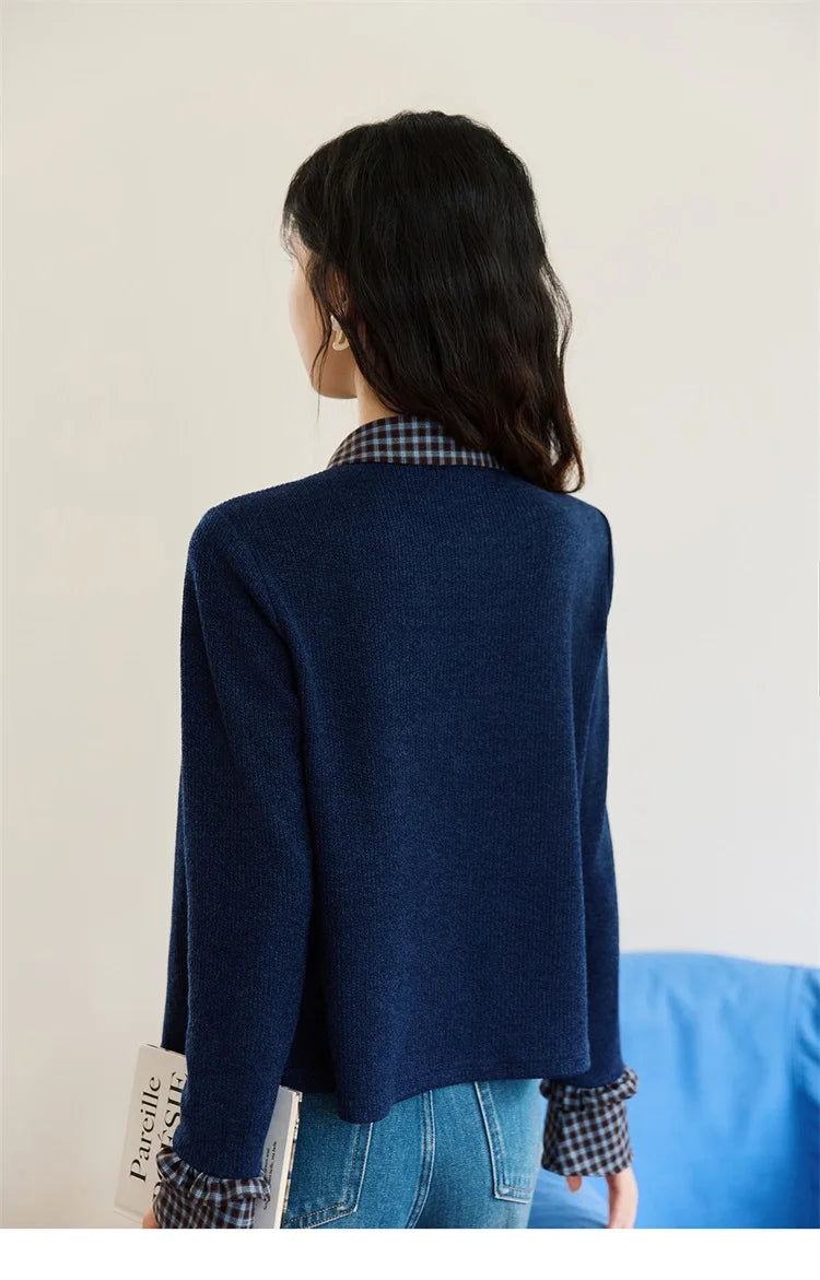MISHOW Fake Two Knitted Sweater Plaid Splicing Flare Sleeve MXE45Z1401