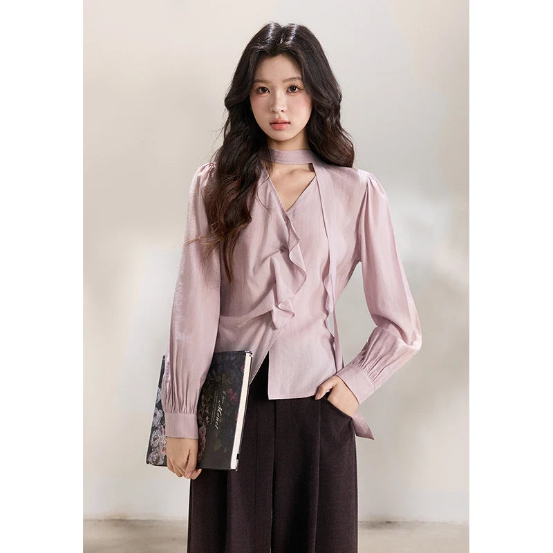 MISHOW Women's Purple Ribbon V-Neck Ruffled Shirt MXF13X2527