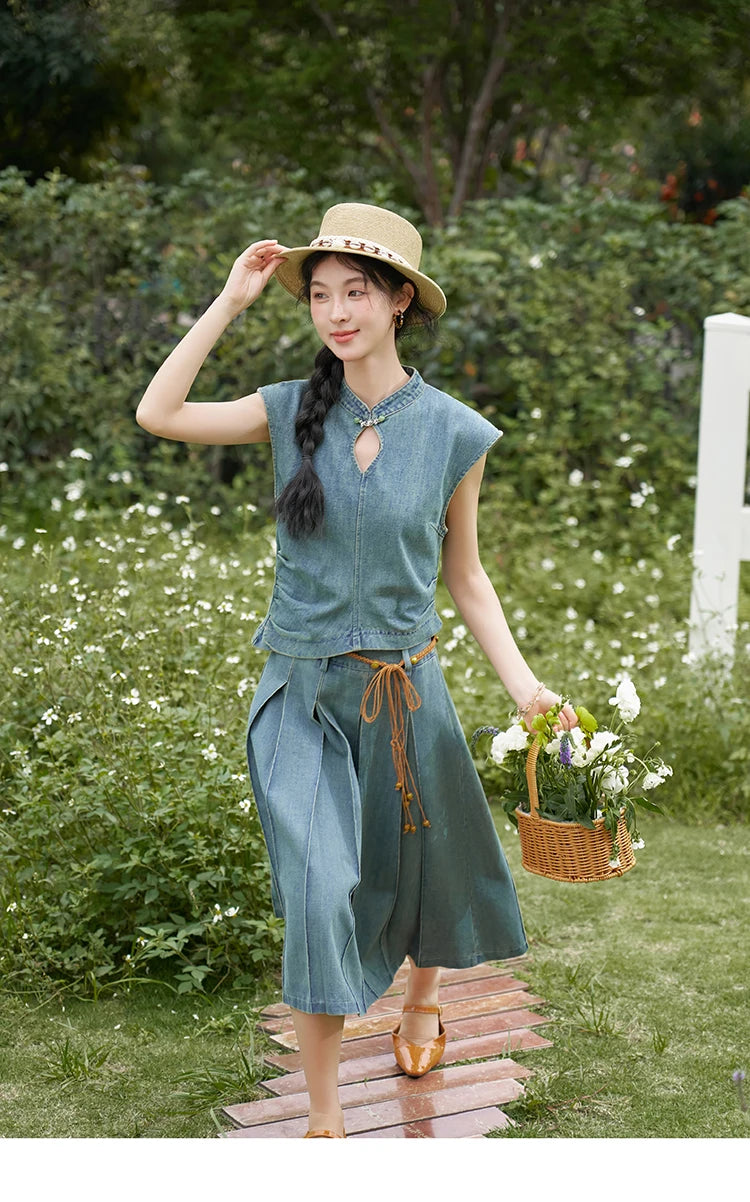 Mishow Chinese Stand Collar Vest & Pleated Denim Skirt Set MXD21X1465