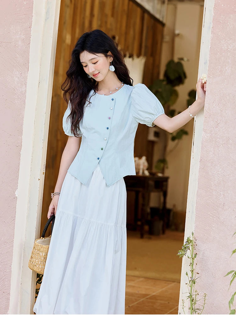 MISHOW Bubble Sleeve Blouse Irregular Placket Rainbow Buttons MXE34X1782