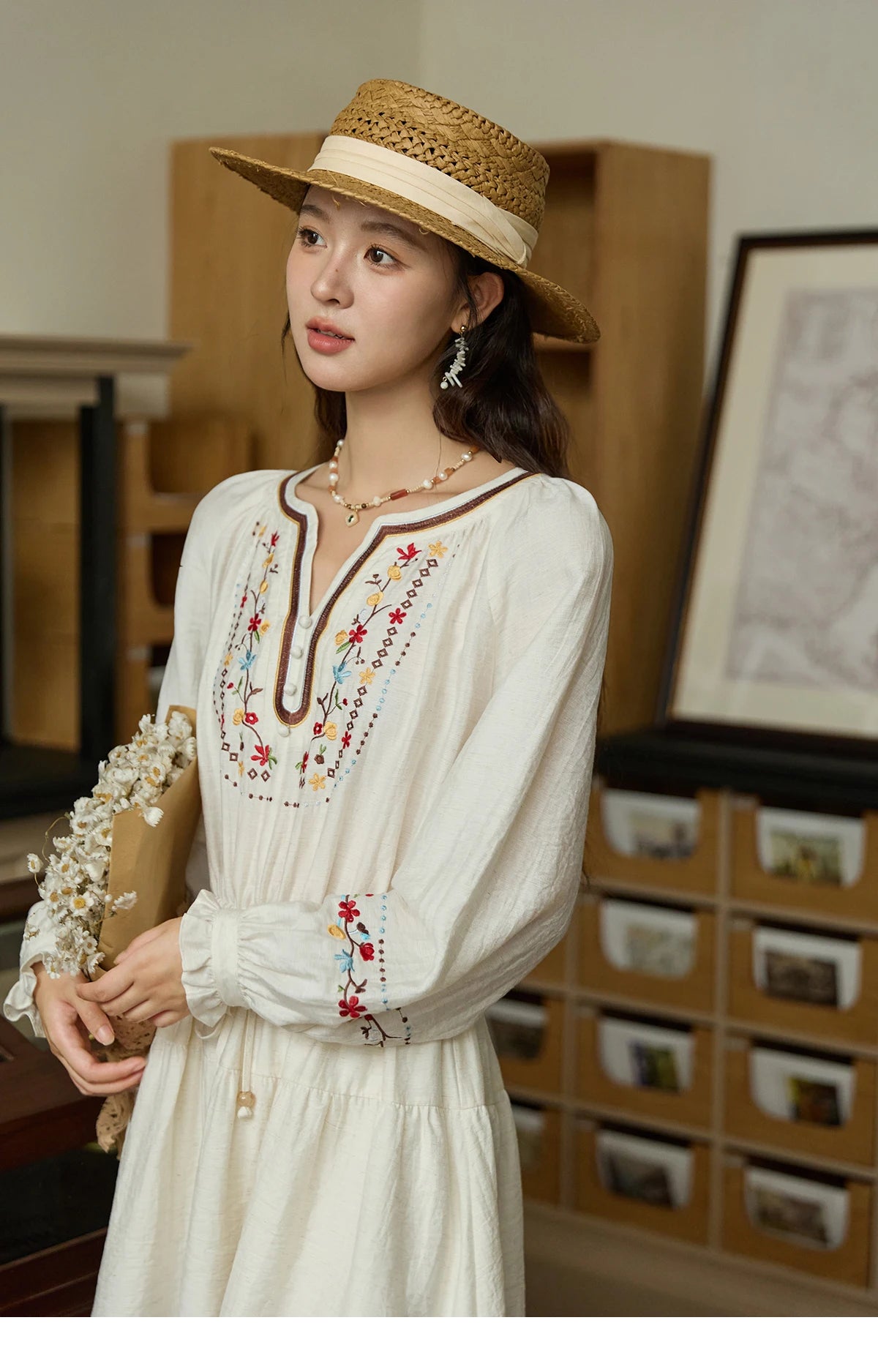 Mishow V-Neck Embroidered Drawstring Bohemian Dress MXE44L2489