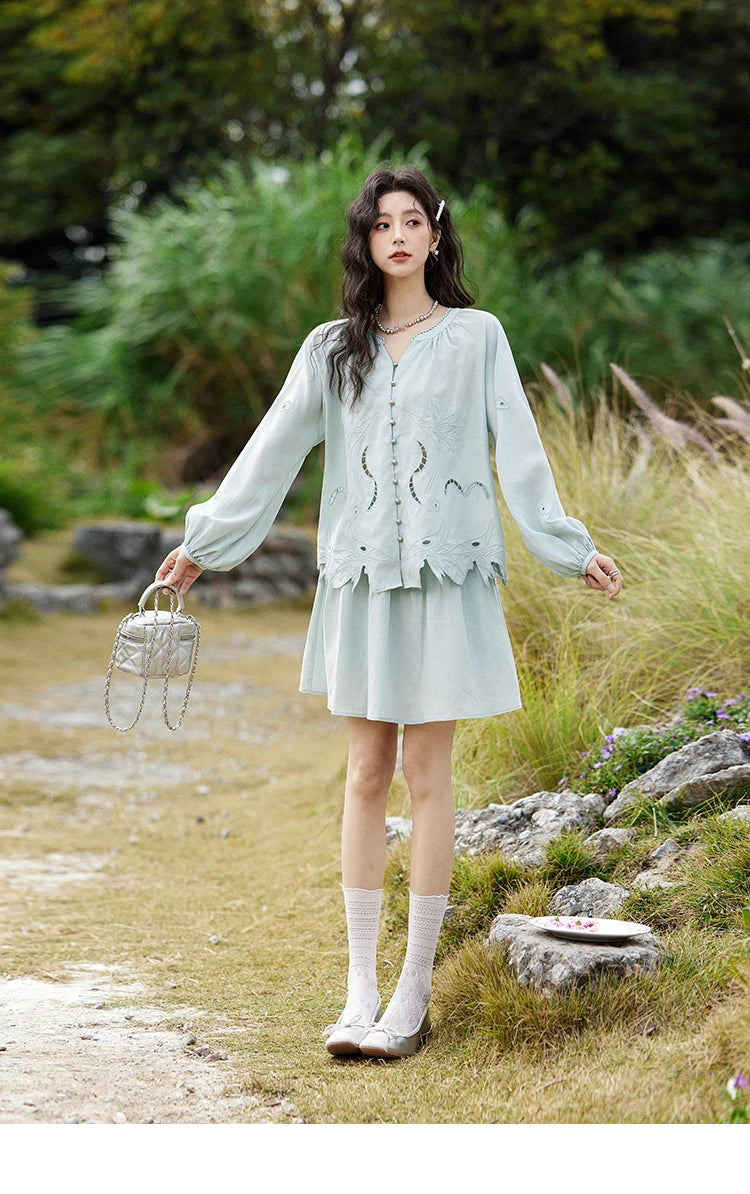 Mishow Vintage Hollow Embroidery Blouse & Solid A-Line Skirt Set MXE12T0455