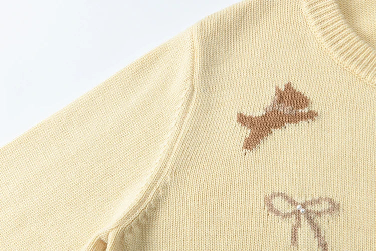 Mishow Yellow Dog Bow Jacquard Pearl Button Sweater MXE13Z1197