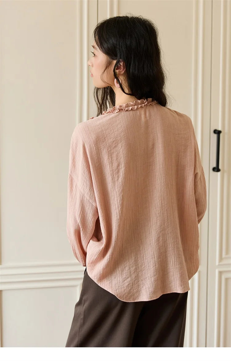 MISHOW Pink Blouse V-Neck Bubble Sleeve Fold Edge MXE45X2485