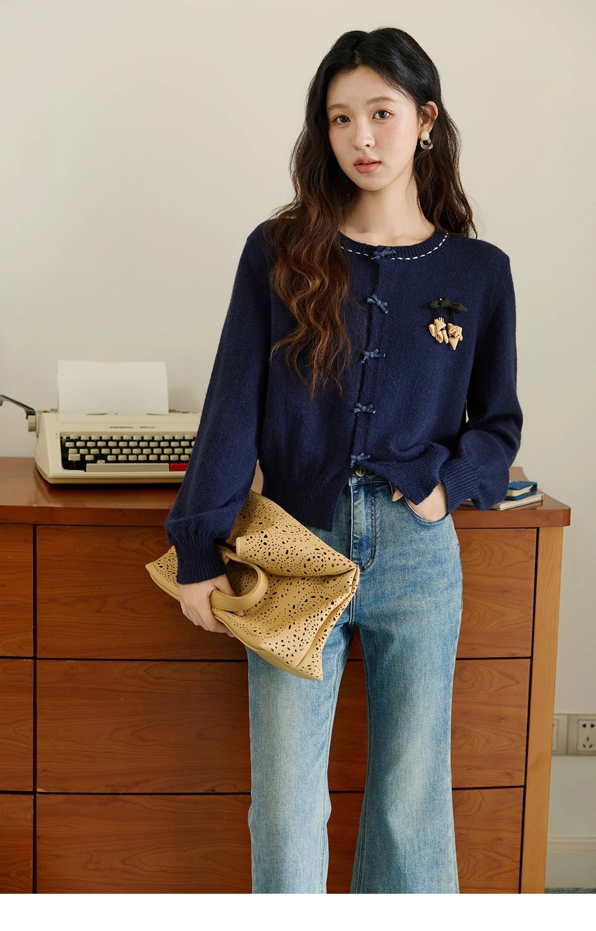Mishow Bow Placket Lantern Sleeve Cardigan with Brooch MXE45Z1377