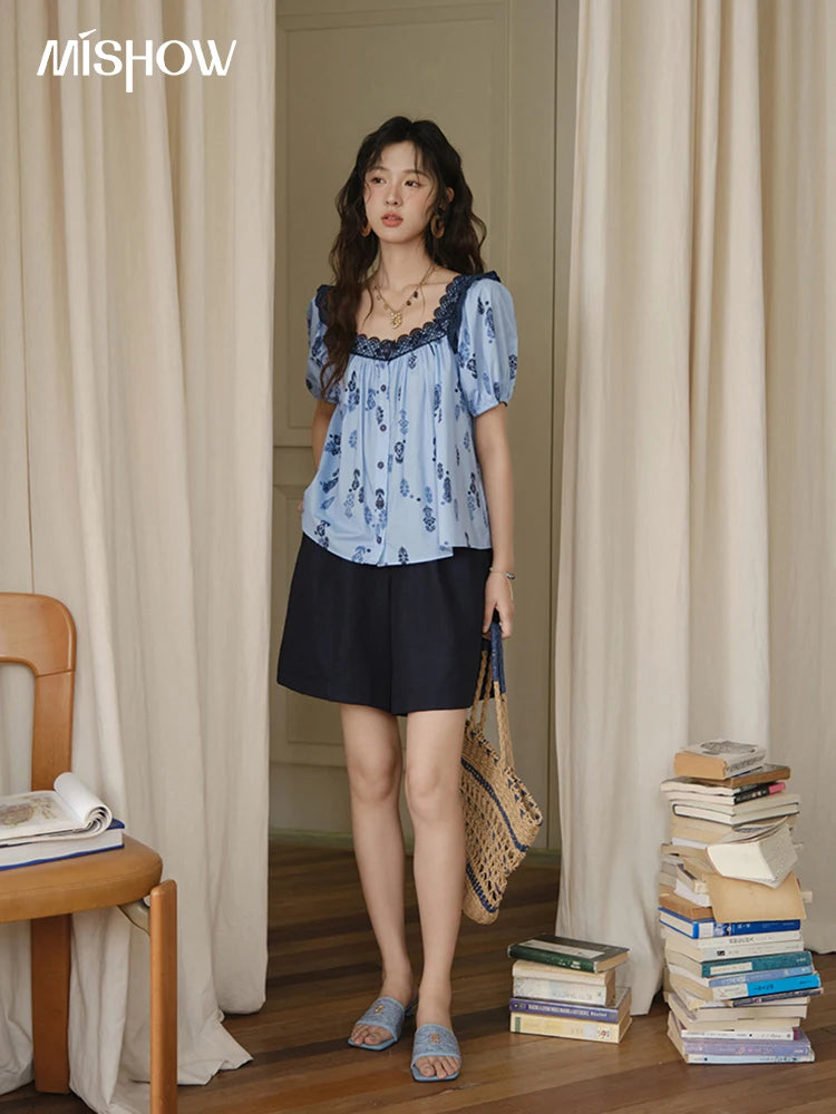 MISHOW Print Cotton Shirt Puff Sleeve Lace Splicing MXE35X1842