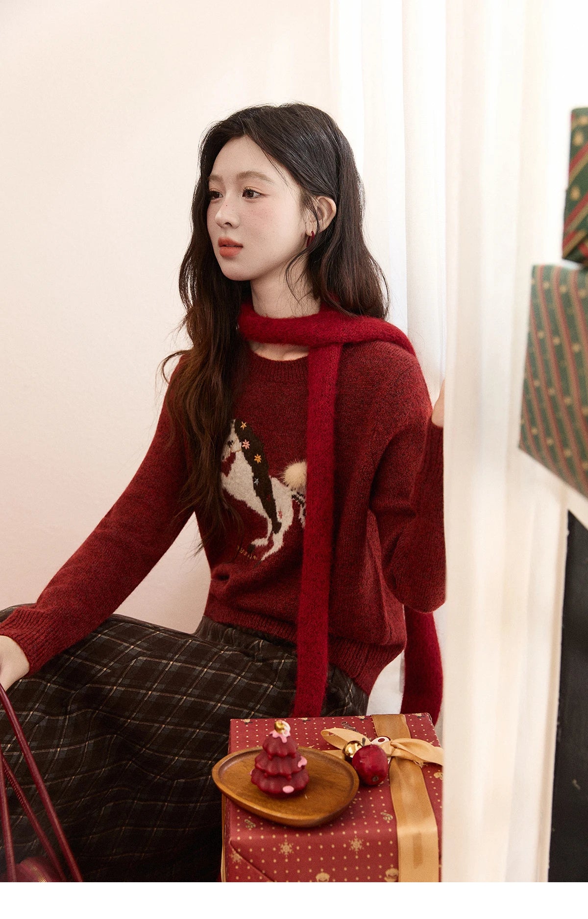 Mishow Christmas Red Jacquard Pony Sweater MXE94Z2861