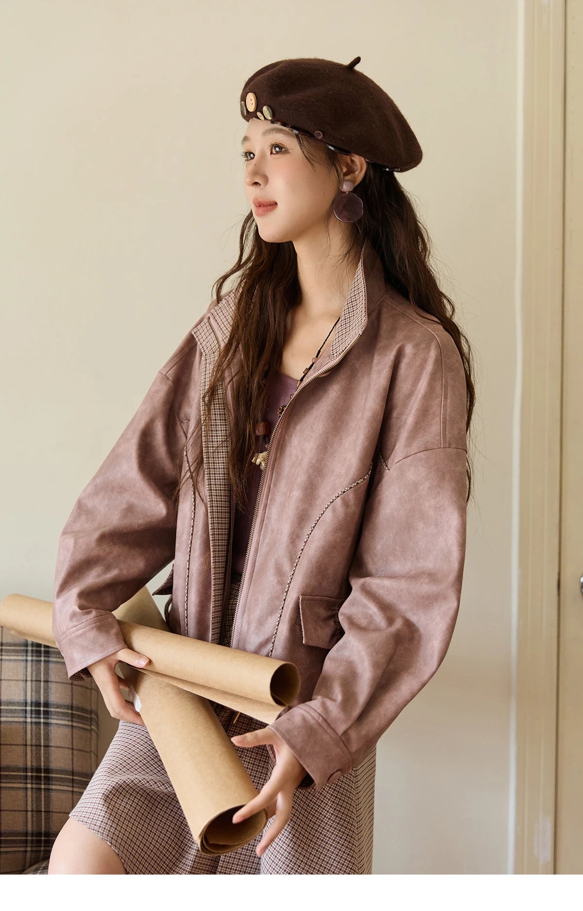 MISHOW Dyed Leather Jacket Contrasting Plaid Lapel Bow Pockets MXE44W0818