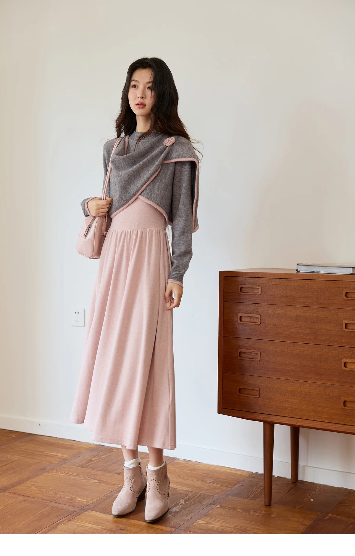 Mishow Pink Irregular Round Neck Top & Suspender Dress Set MXE49T1397