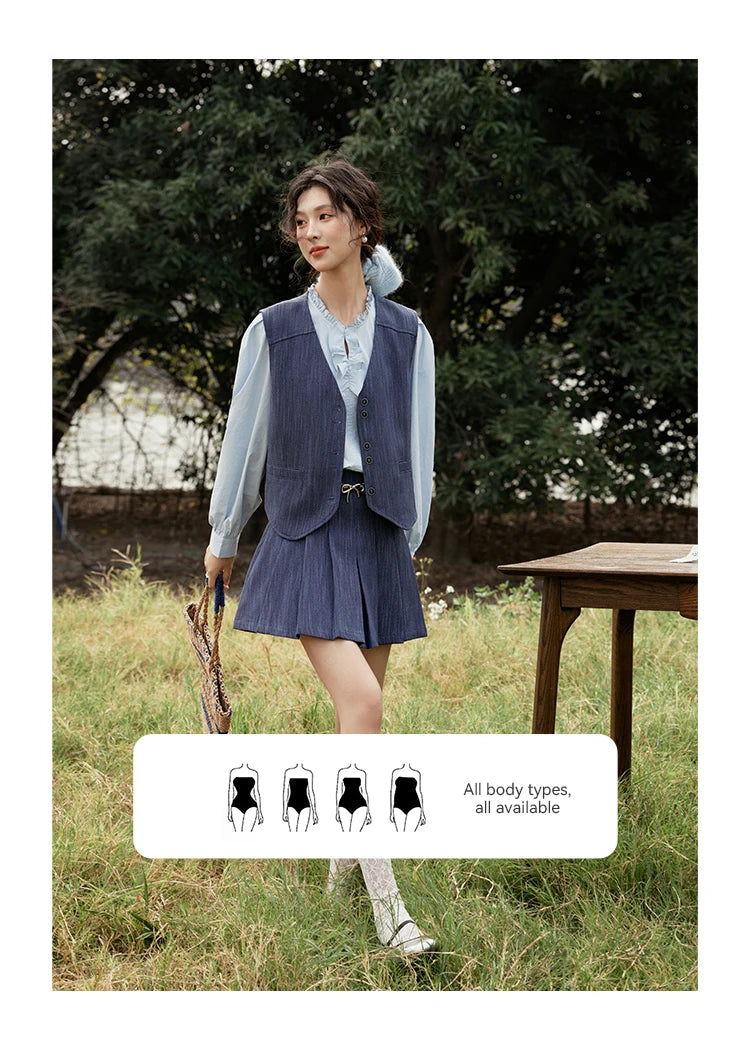 Mishow V-Neck Vest Coat & Pleated A-Line Skirt Set MXE31T0505