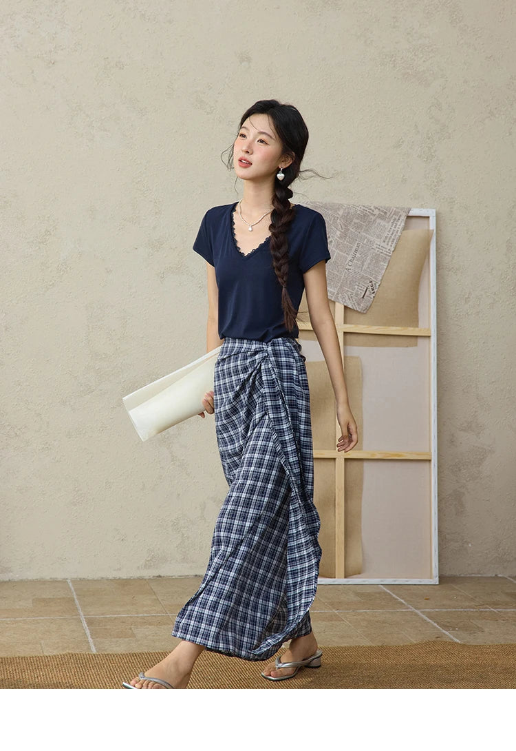 Mishow V-Neck Lace Spliced Office Tee MXE36T0644