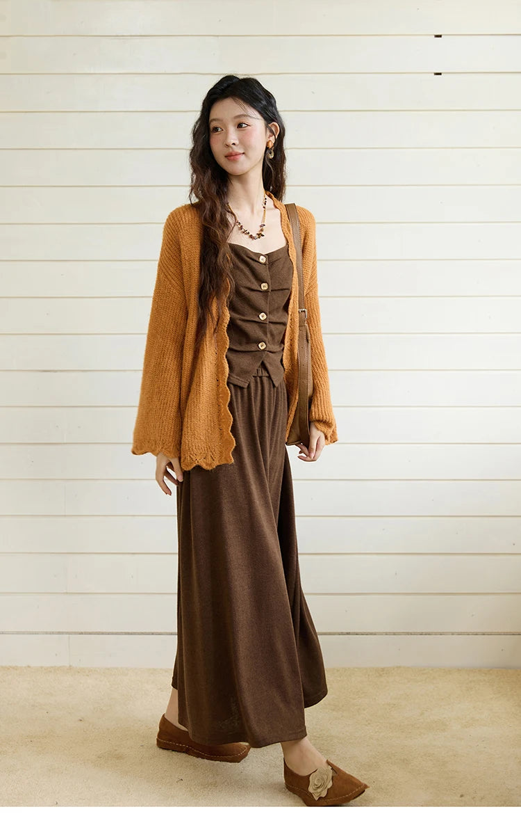 Mishow Retro Dark Brown Tank Top & Pleated A-Line Skirt Set MXE46T1378