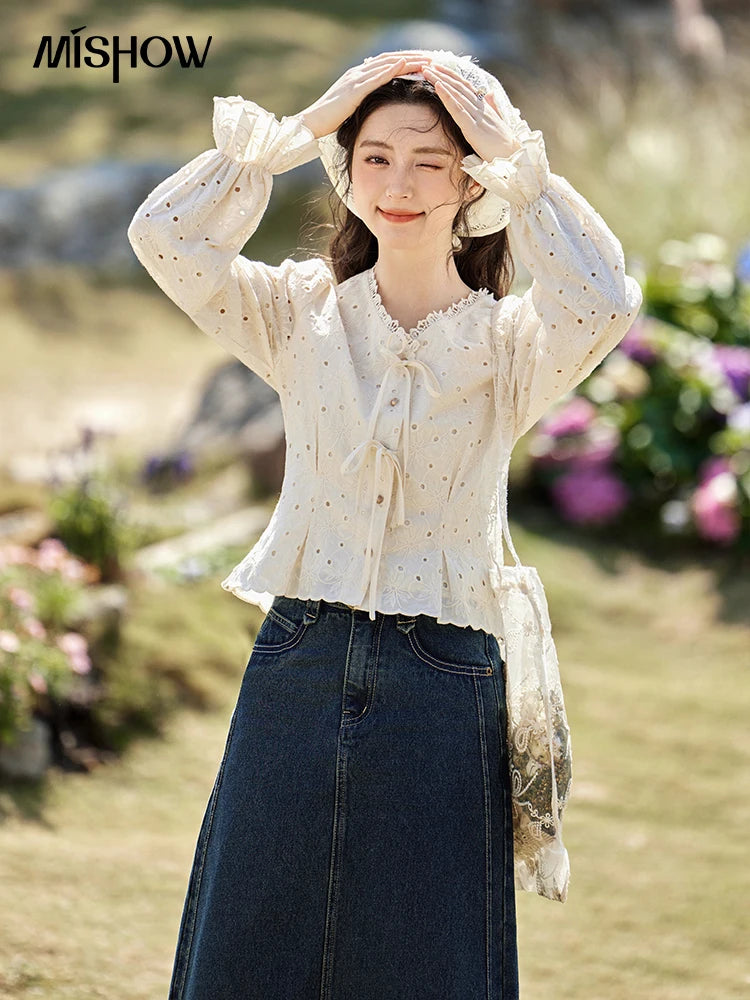MISHOW Women's 100% Cotton Lace Shirt V-Neck Waist Elastic Cuffs MXE12X1710