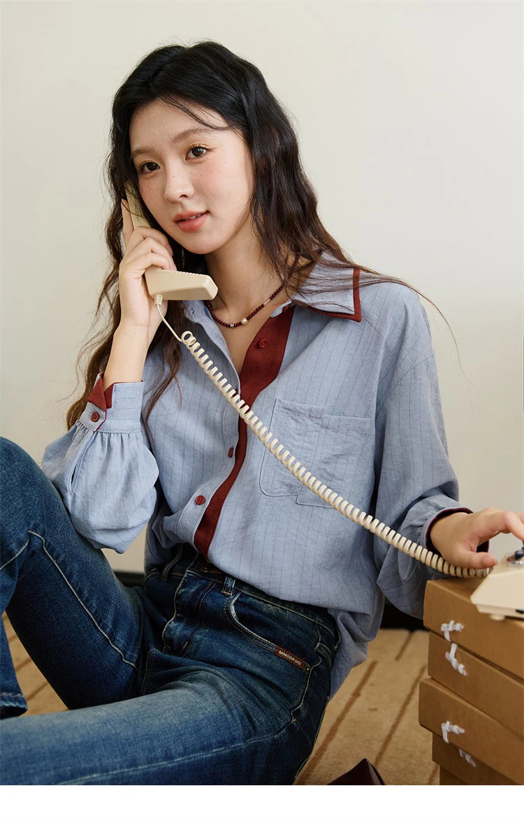 MISHOW Blue Red Striped Shirt Contrast Splicing Lapel MXE46C2405