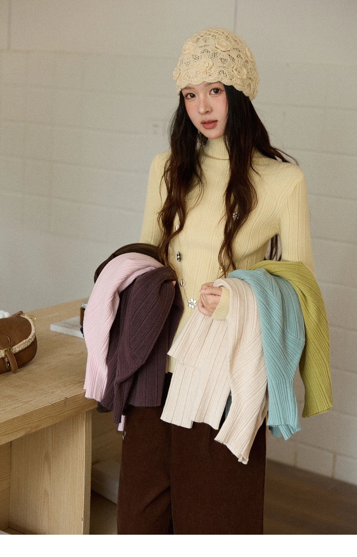 Mishow Solid Turtleneck Vertical Ribbed Slim Top MXE86Z2656