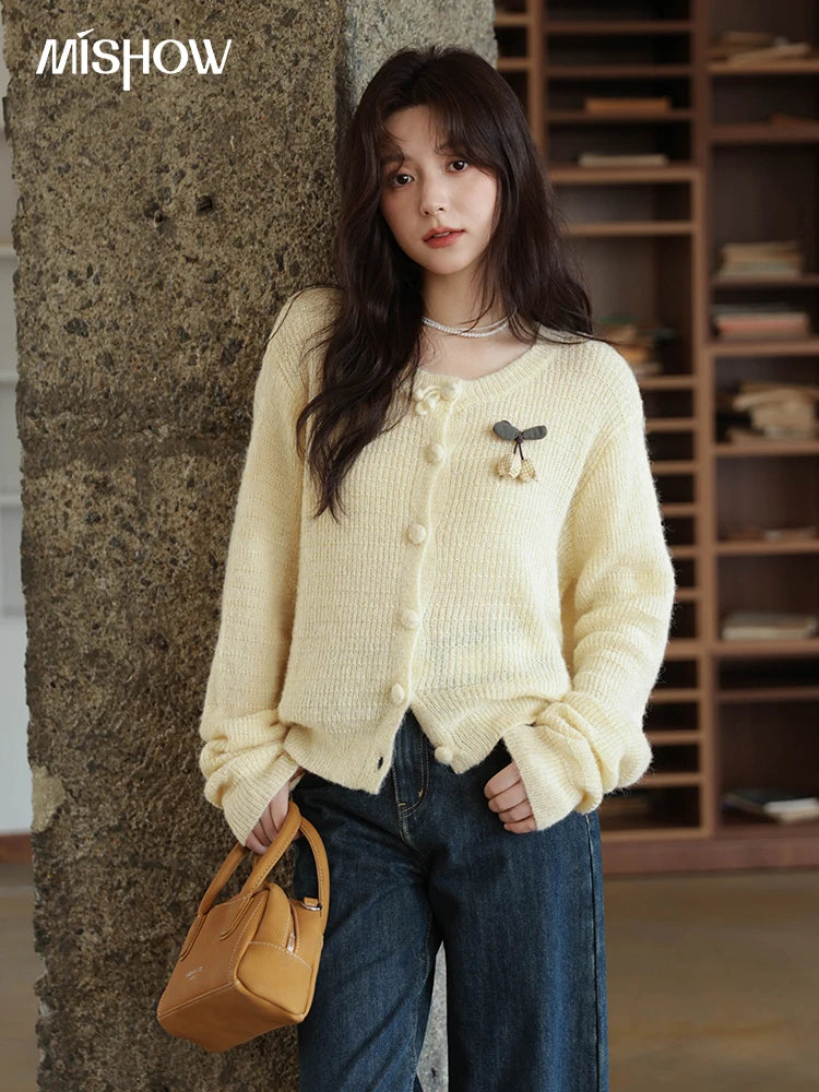 Mishow Camellia Brooch Round Neck Cardigan MXE44Z1390