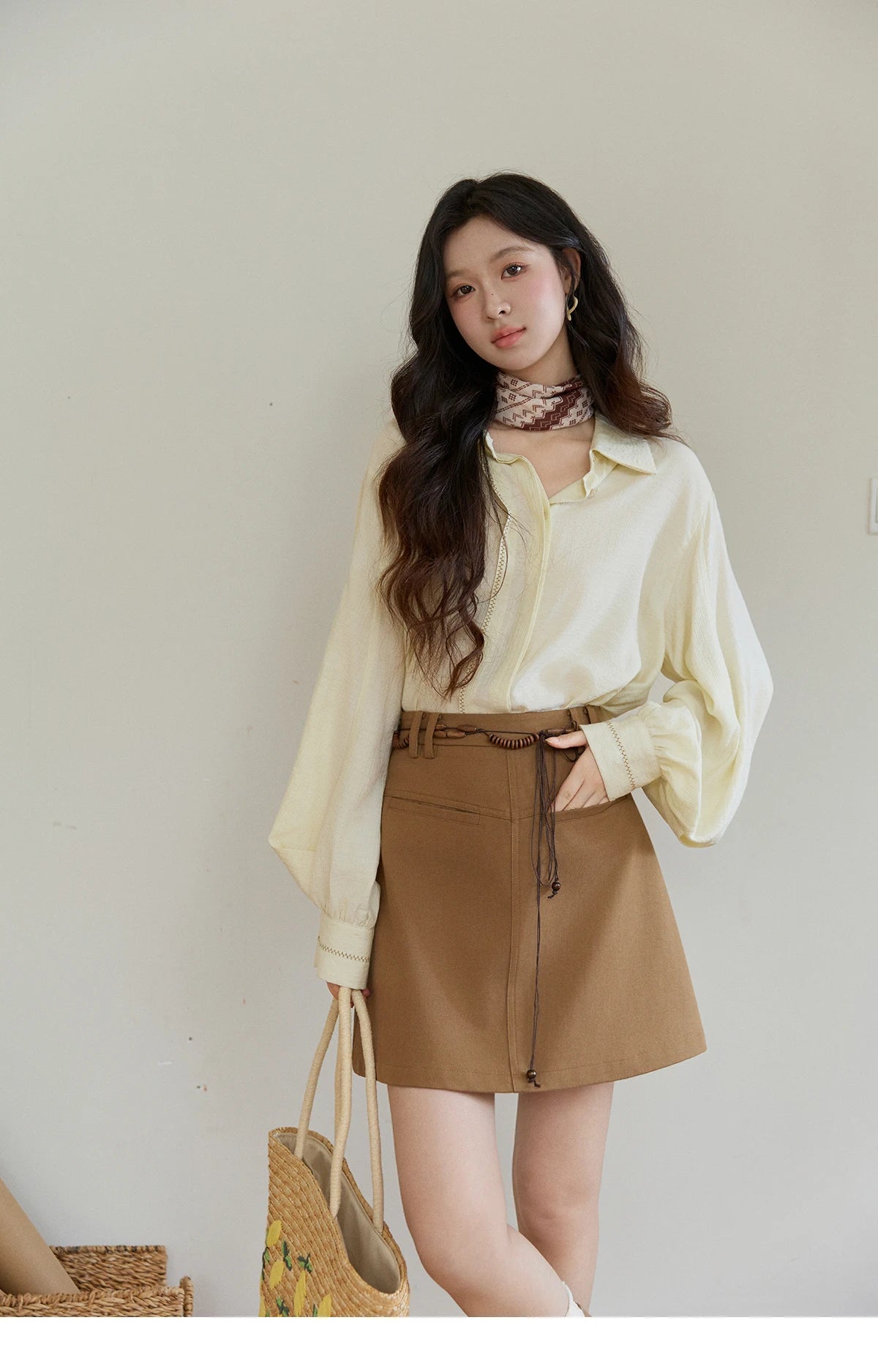 MISHOW Lapel Lantern Sleeve Shirt Lace Trim Loose MXF13C2436