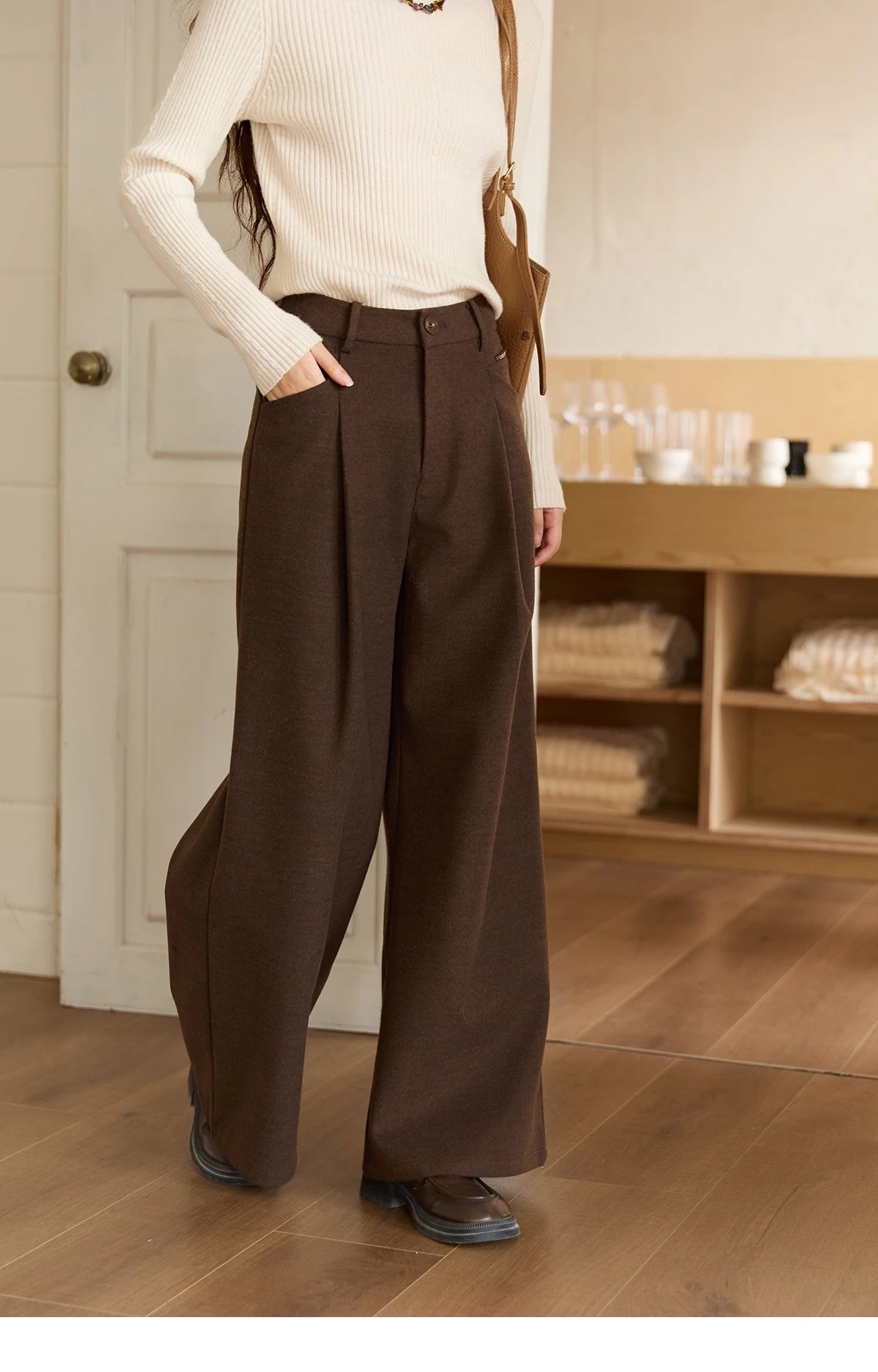 MISHOW Brown Wide-Leg Pants High Waist Drape Trousers MXE51K1094