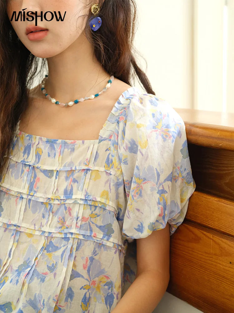 MISHOW Square Neck Puff Sleeve Blouse Print Top MXE39X1937