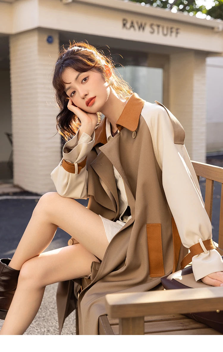 Mishow Khaki Contrast Color Spliced Trench Coat MXB31W0367