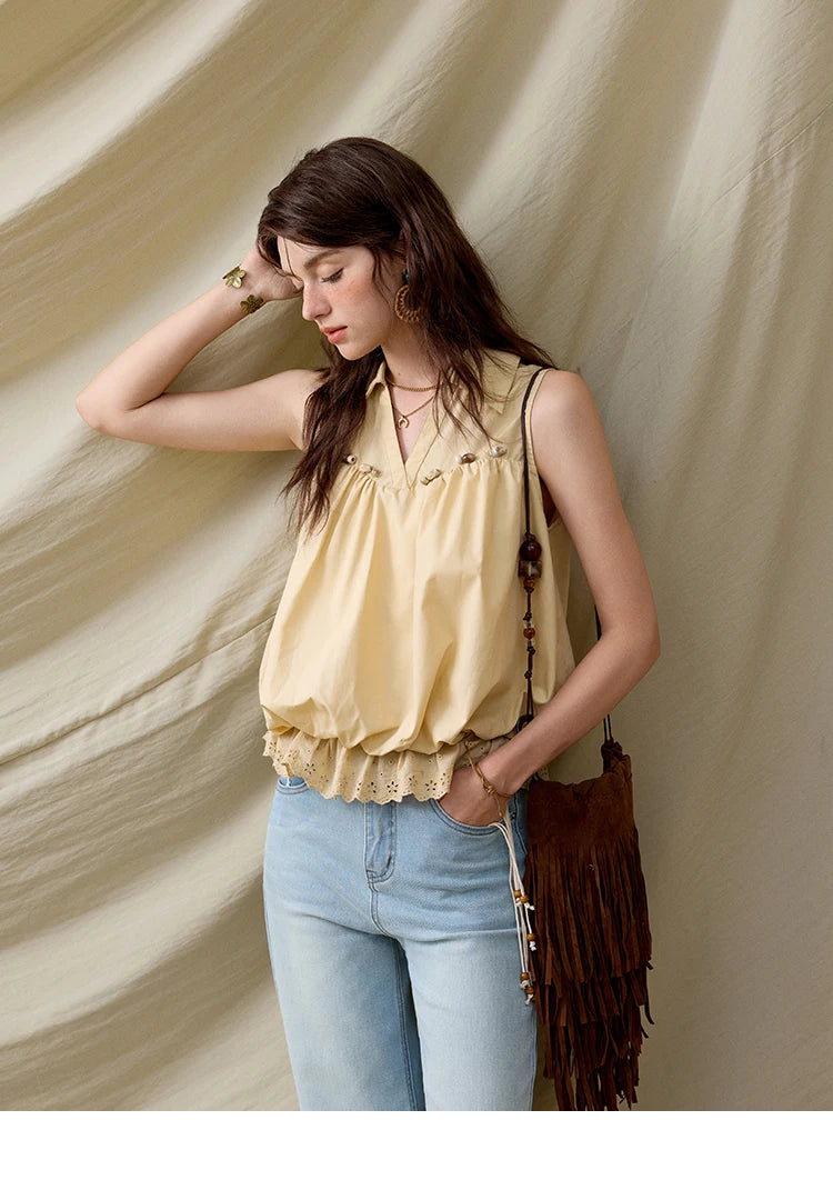 MISHOW Sleeveless Blouse Turn-Down Collar Hollow Lace MXE31X1760