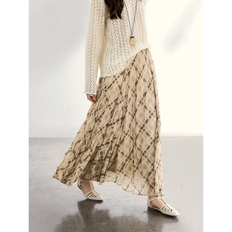MISHOW Beige Plaid Maxi Skirt High Waist Flowy Elastic MXF108B0769