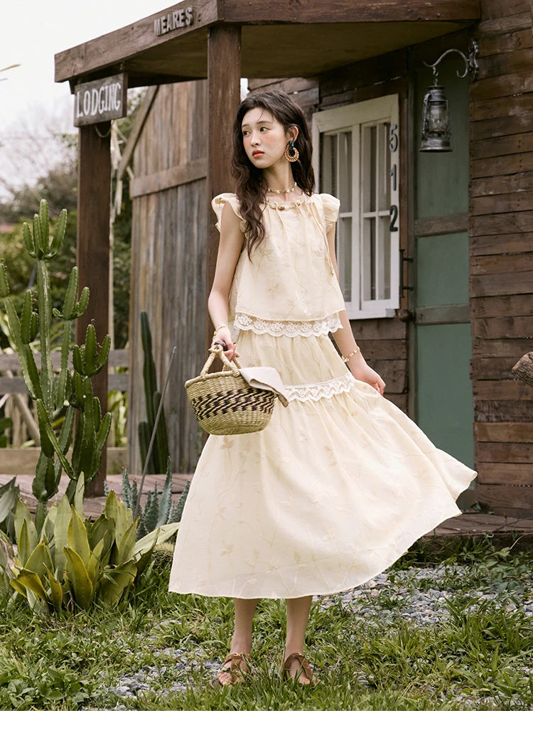 Mishow Short Flying Sleeve Top & Hollow Embroidery A-Line Skirt Set MXE33T0545